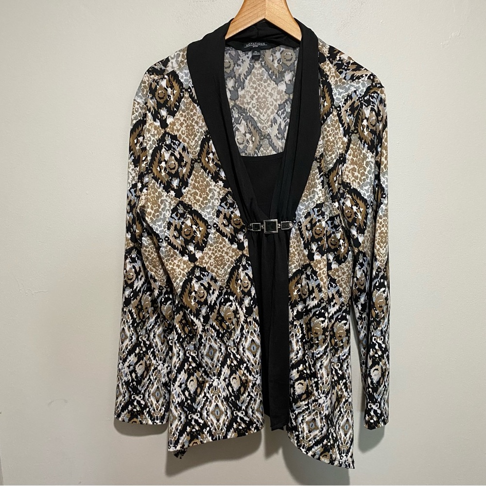 Notations Women's Black and Tan Patterned Long Sleeve Top Size PL‎